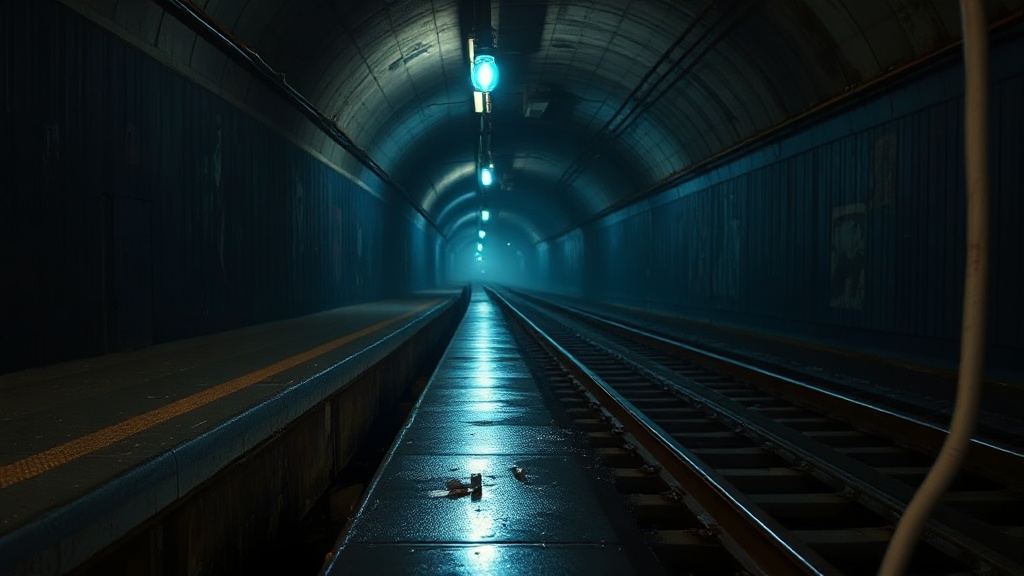 Abandoned subway tunnel lit by a cyan bare bulb
